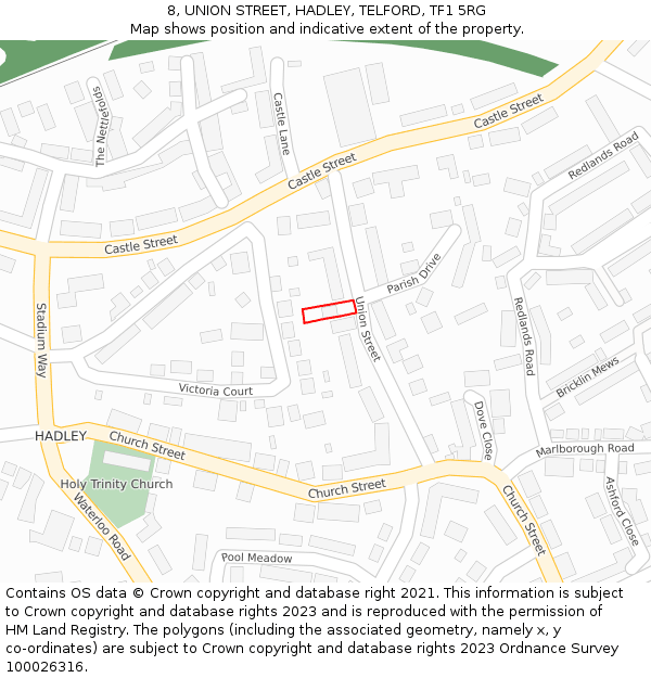 8, UNION STREET, HADLEY, TELFORD, TF1 5RG: Location map and indicative extent of plot