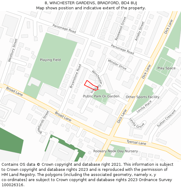 8, WINCHESTER GARDENS, BRADFORD, BD4 8UJ: Location map and indicative extent of plot