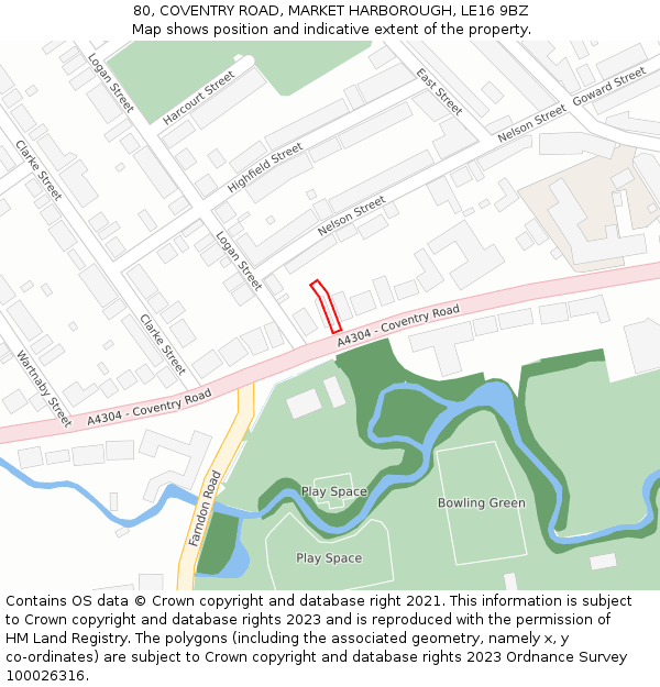 80, COVENTRY ROAD, MARKET HARBOROUGH, LE16 9BZ: Location map and indicative extent of plot