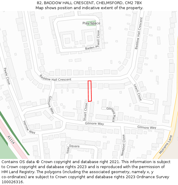 82, BADDOW HALL CRESCENT, CHELMSFORD, CM2 7BX: Location map and indicative extent of plot