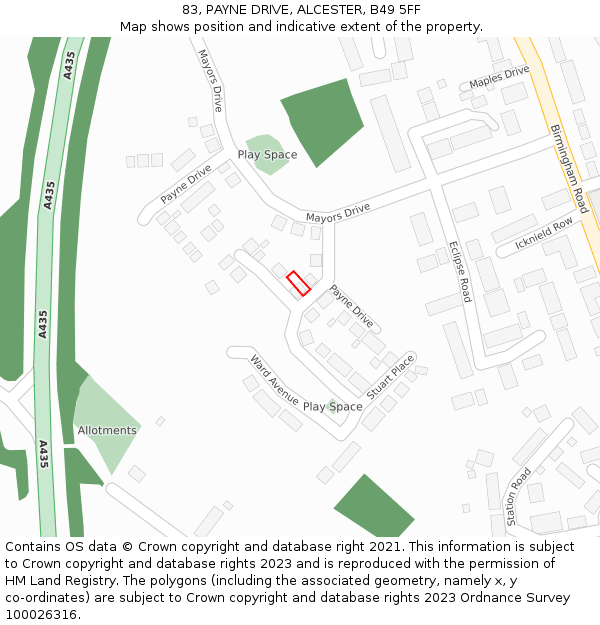 83, PAYNE DRIVE, ALCESTER, B49 5FF: Location map and indicative extent of plot