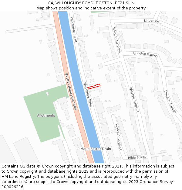 84, WILLOUGHBY ROAD, BOSTON, PE21 9HN: Location map and indicative extent of plot
