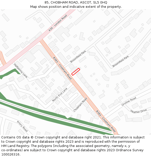 85, CHOBHAM ROAD, ASCOT, SL5 0HQ: Location map and indicative extent of plot
