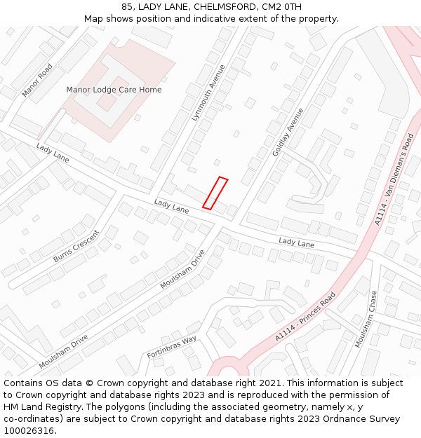 85, LADY LANE, CHELMSFORD, CM2 0TH: Location map and indicative extent of plot