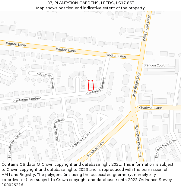 87, PLANTATION GARDENS, LEEDS, LS17 8ST: Location map and indicative extent of plot