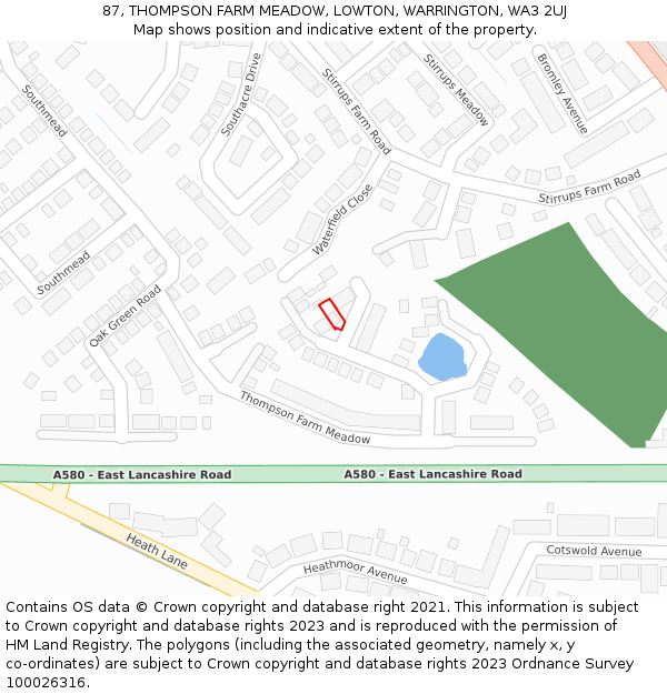 87, THOMPSON FARM MEADOW, LOWTON, WARRINGTON, WA3 2UJ: Location map and indicative extent of plot