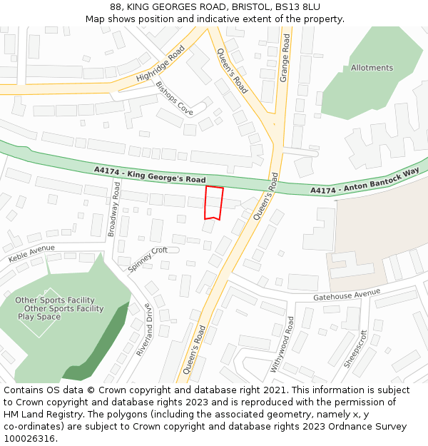 88, KING GEORGES ROAD, BRISTOL, BS13 8LU: Location map and indicative extent of plot