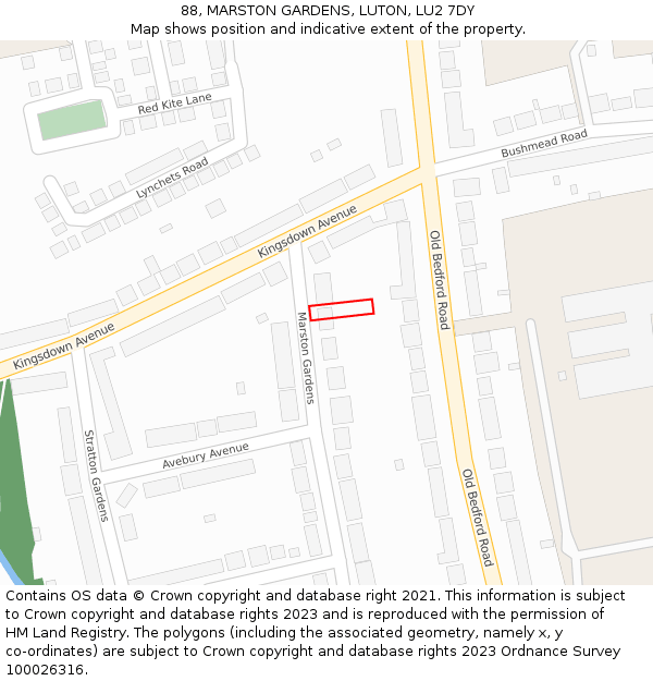 88, MARSTON GARDENS, LUTON, LU2 7DY: Location map and indicative extent of plot