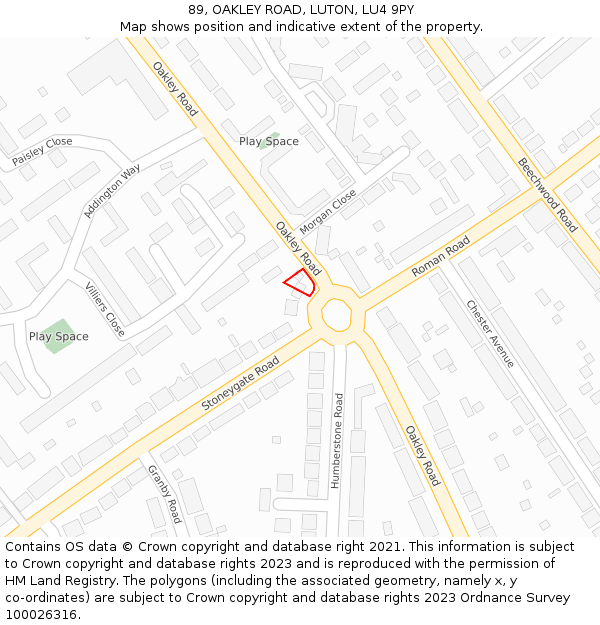 89, OAKLEY ROAD, LUTON, LU4 9PY: Location map and indicative extent of plot