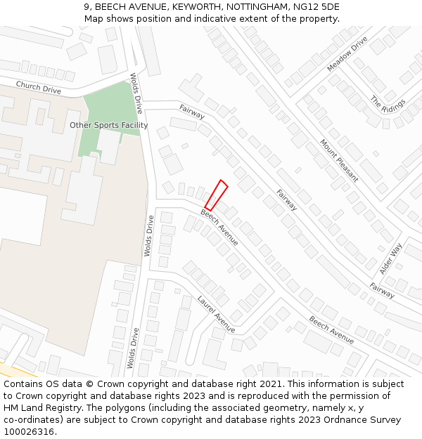 9, BEECH AVENUE, KEYWORTH, NOTTINGHAM, NG12 5DE: Location map and indicative extent of plot