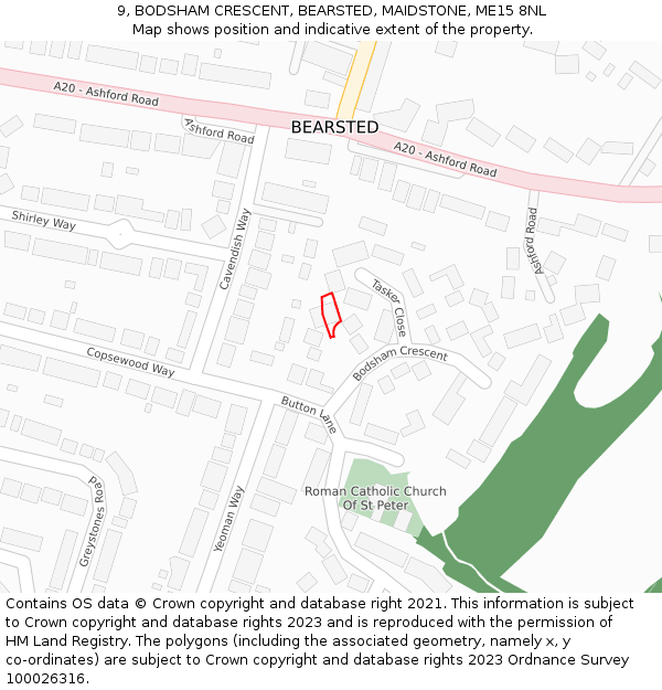 9, BODSHAM CRESCENT, BEARSTED, MAIDSTONE, ME15 8NL: Location map and indicative extent of plot