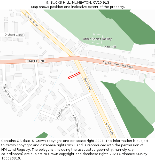9, BUCKS HILL, NUNEATON, CV10 9LG: Location map and indicative extent of plot