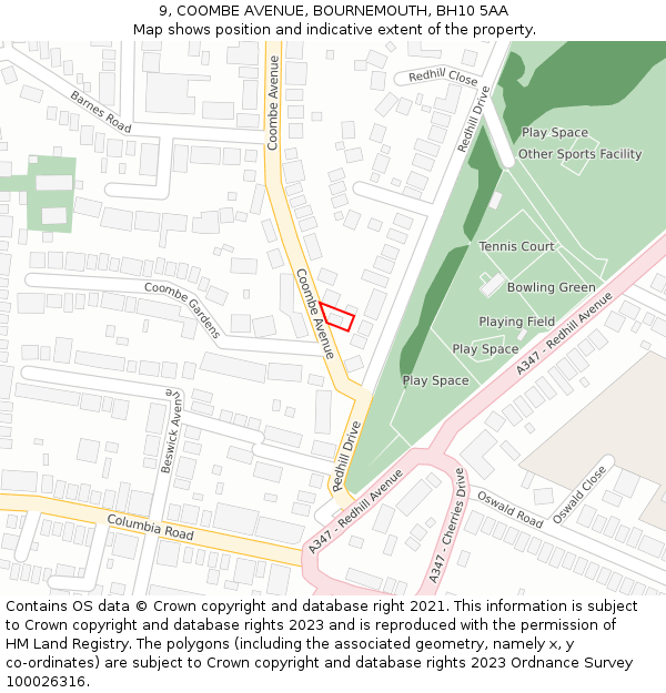 9, COOMBE AVENUE, BOURNEMOUTH, BH10 5AA: Location map and indicative extent of plot
