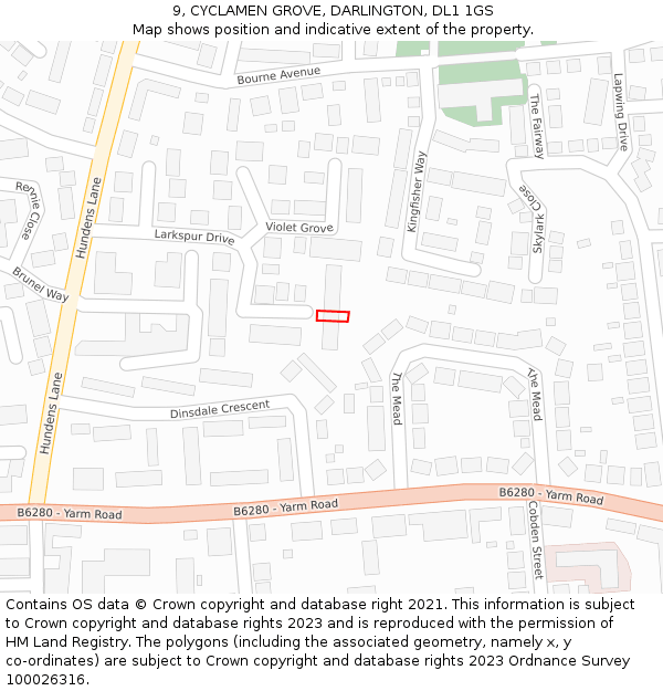 9, CYCLAMEN GROVE, DARLINGTON, DL1 1GS: Location map and indicative extent of plot