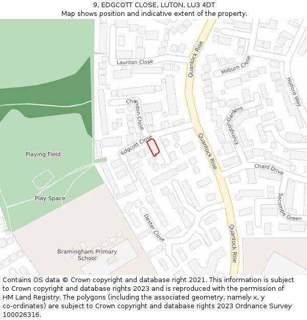 9, EDGCOTT CLOSE, LUTON, LU3 4DT: Location map and indicative extent of plot