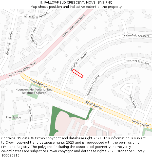9, FALLOWFIELD CRESCENT, HOVE, BN3 7NQ: Location map and indicative extent of plot