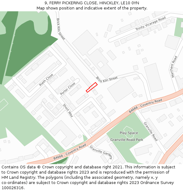 9, FERRY PICKERING CLOSE, HINCKLEY, LE10 0YN: Location map and indicative extent of plot