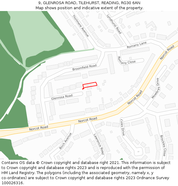 9, GLENROSA ROAD, TILEHURST, READING, RG30 6AN: Location map and indicative extent of plot