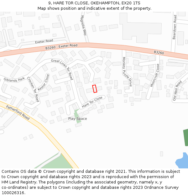 9, HARE TOR CLOSE, OKEHAMPTON, EX20 1TS: Location map and indicative extent of plot