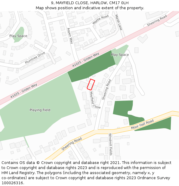 9, MAYFIELD CLOSE, HARLOW, CM17 0LH: Location map and indicative extent of plot