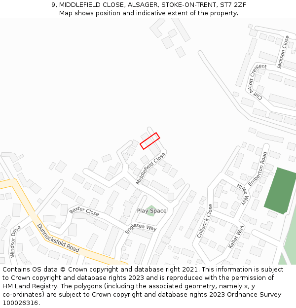 9, MIDDLEFIELD CLOSE, ALSAGER, STOKE-ON-TRENT, ST7 2ZF: Location map and indicative extent of plot