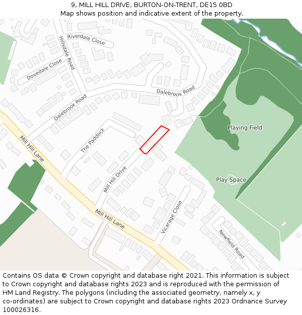 9, MILL HILL DRIVE, BURTON-ON-TRENT, DE15 0BD: Location map and indicative extent of plot