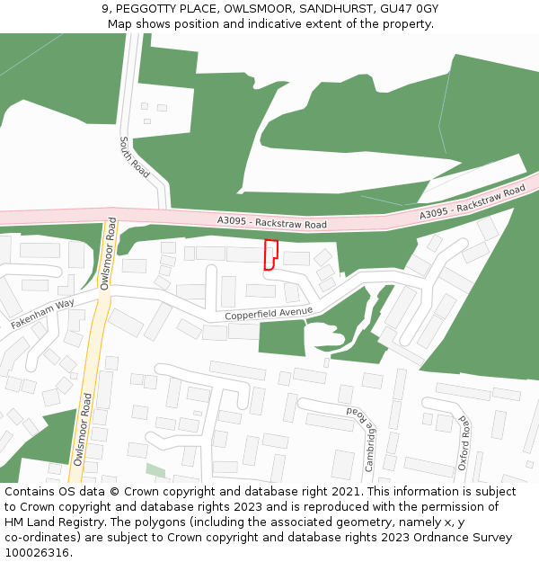 9, PEGGOTTY PLACE, OWLSMOOR, SANDHURST, GU47 0GY: Location map and indicative extent of plot
