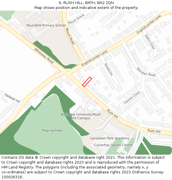 9, RUSH HILL, BATH, BA2 2QN: Location map and indicative extent of plot