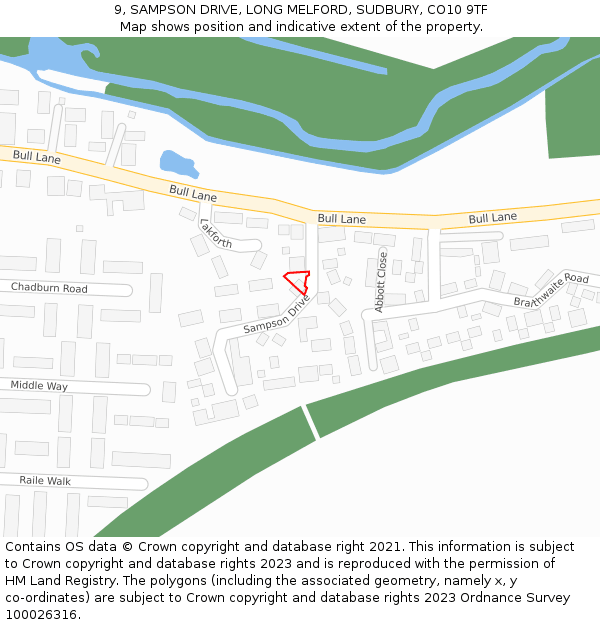 9, SAMPSON DRIVE, LONG MELFORD, SUDBURY, CO10 9TF: Location map and indicative extent of plot