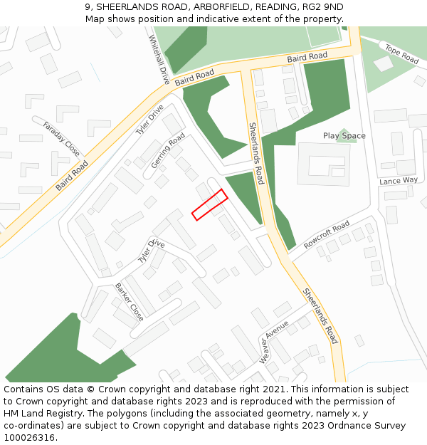 9, SHEERLANDS ROAD, ARBORFIELD, READING, RG2 9ND: Location map and indicative extent of plot