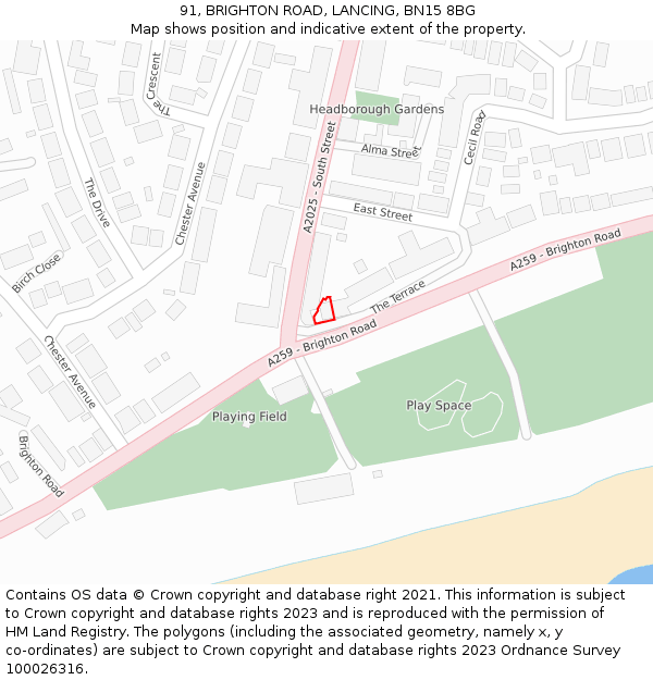 91, BRIGHTON ROAD, LANCING, BN15 8BG: Location map and indicative extent of plot