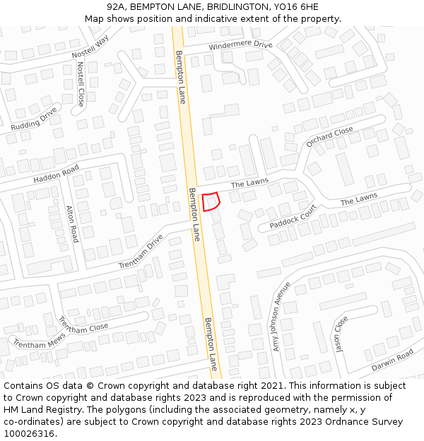 92A, BEMPTON LANE, BRIDLINGTON, YO16 6HE: Location map and indicative extent of plot
