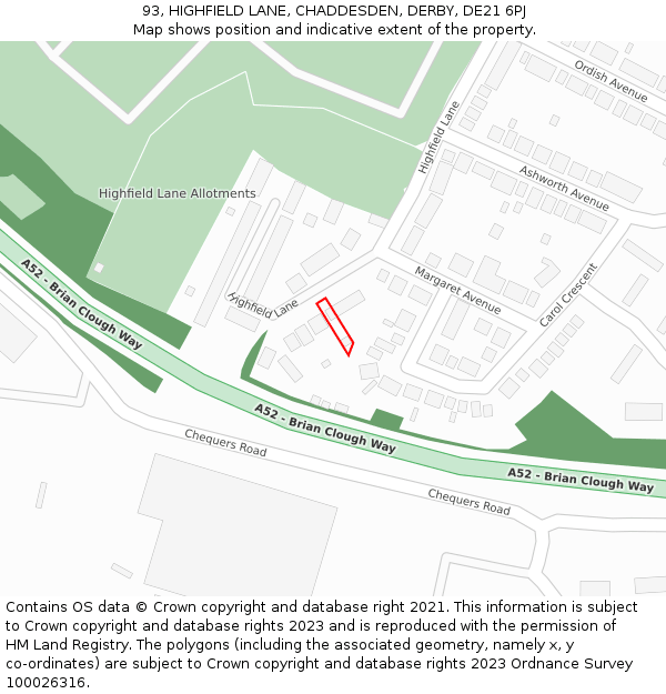 93, HIGHFIELD LANE, CHADDESDEN, DERBY, DE21 6PJ: Location map and indicative extent of plot