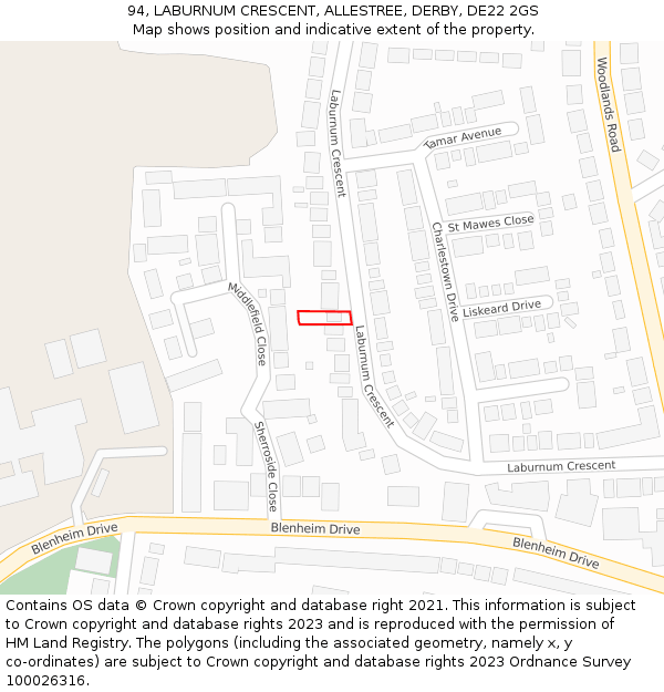 94, LABURNUM CRESCENT, ALLESTREE, DERBY, DE22 2GS: Location map and indicative extent of plot