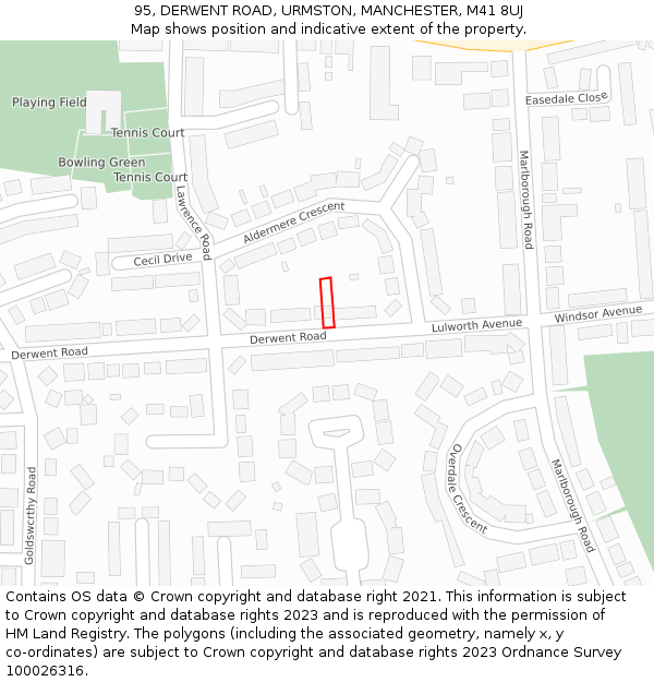 95, DERWENT ROAD, URMSTON, MANCHESTER, M41 8UJ: Location map and indicative extent of plot