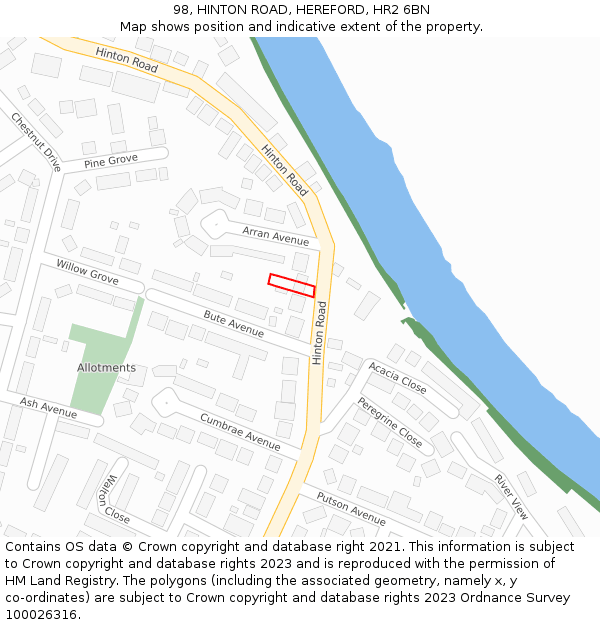 98, HINTON ROAD, HEREFORD, HR2 6BN: Location map and indicative extent of plot
