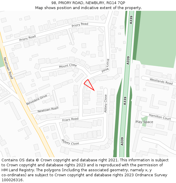 98, PRIORY ROAD, NEWBURY, RG14 7QP: Location map and indicative extent of plot