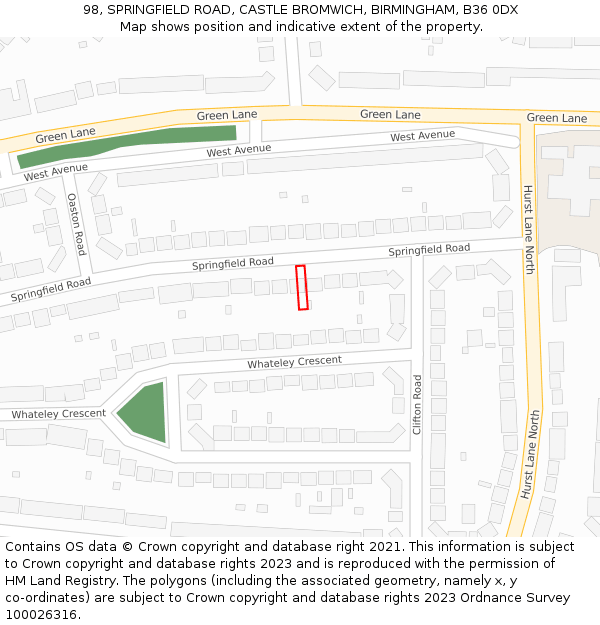 98, SPRINGFIELD ROAD, CASTLE BROMWICH, BIRMINGHAM, B36 0DX: Location map and indicative extent of plot