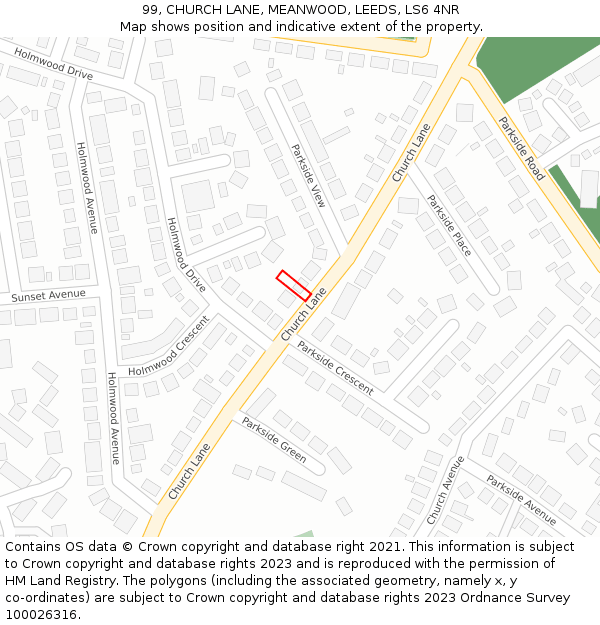99, CHURCH LANE, MEANWOOD, LEEDS, LS6 4NR: Location map and indicative extent of plot