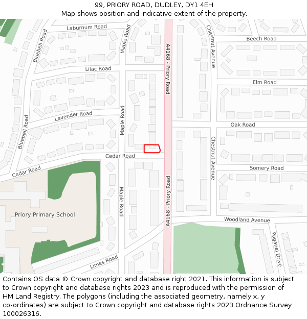 99, PRIORY ROAD, DUDLEY, DY1 4EH: Location map and indicative extent of plot
