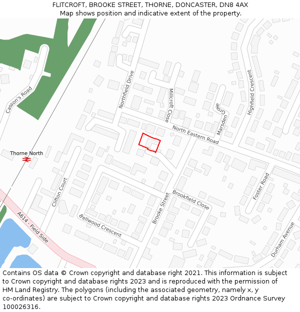 FLITCROFT, BROOKE STREET, THORNE, DONCASTER, DN8 4AX: Location map and indicative extent of plot