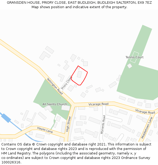 GRANSDEN HOUSE, PRIORY CLOSE, EAST BUDLEIGH, BUDLEIGH SALTERTON, EX9 7EZ: Location map and indicative extent of plot