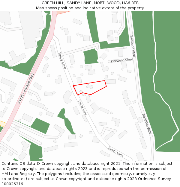 GREEN HILL, SANDY LANE, NORTHWOOD, HA6 3ER: Location map and indicative extent of plot