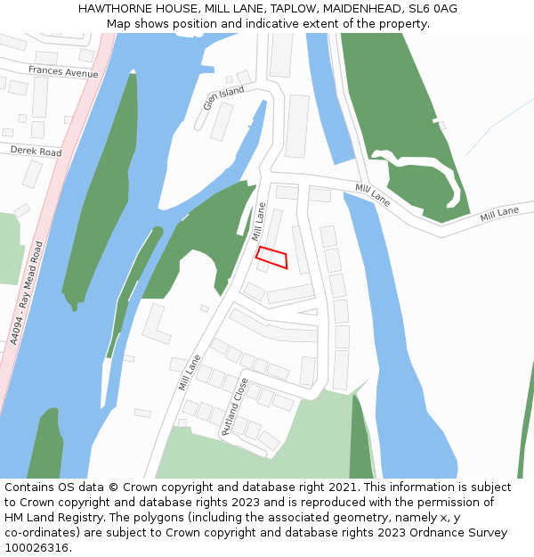 HAWTHORNE HOUSE, MILL LANE, TAPLOW, MAIDENHEAD, SL6 0AG: Location map and indicative extent of plot