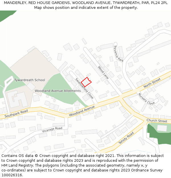 MANDERLEY, RED HOUSE GARDENS, WOODLAND AVENUE, TYWARDREATH, PAR, PL24 2PL: Location map and indicative extent of plot