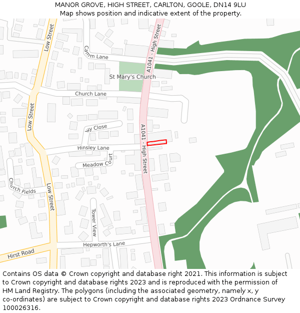 MANOR GROVE, HIGH STREET, CARLTON, GOOLE, DN14 9LU: Location map and indicative extent of plot