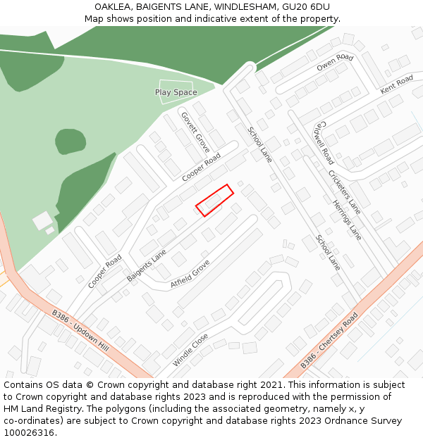 OAKLEA, BAIGENTS LANE, WINDLESHAM, GU20 6DU: Location map and indicative extent of plot