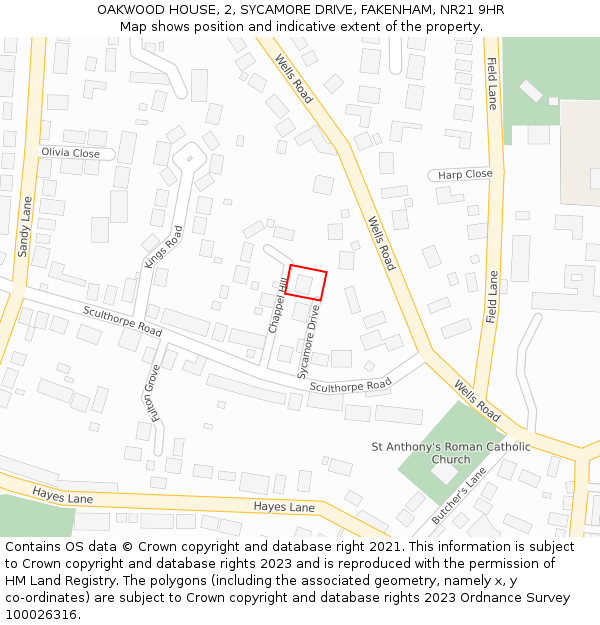 OAKWOOD HOUSE, 2, SYCAMORE DRIVE, FAKENHAM, NR21 9HR: Location map and indicative extent of plot