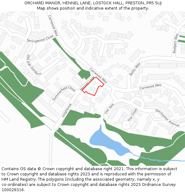 ORCHARD MANOR, HENNEL LANE, LOSTOCK HALL, PRESTON, PR5 5UJ: Location map and indicative extent of plot