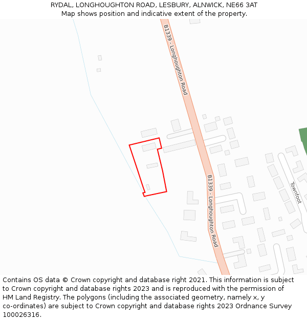 RYDAL, LONGHOUGHTON ROAD, LESBURY, ALNWICK, NE66 3AT: Location map and indicative extent of plot
